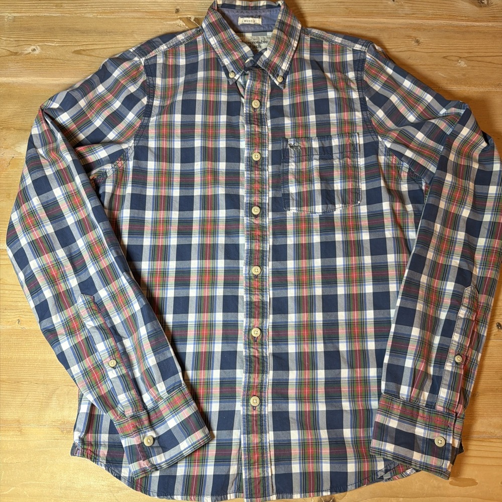Abercrombie and Fitch Mens Plaid Flannel Button Up Shirt Muscle Fit Medium Blue